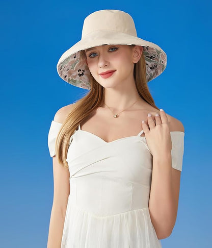 Wide Brim Women Sun Hat Summer Beach Bucket Fishing Hats Metal Wired Edge Packable UV Protection for Hiking Garden Travel