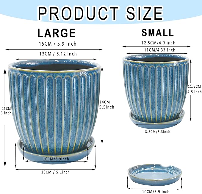 5 + 6 Inch Glaze Blue Ceramic Plant Pots with Drain Hole & Saucer, Flower Pots for Indoor/Outdoor Plants - Succulent, Snake Plant, Money Tree, Aloe Vera, Basil Planter