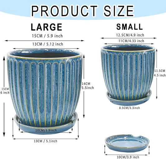 5 + 6 Inch Glaze Blue Ceramic Plant Pots with Drain Hole & Saucer, Flower Pots for Indoor/Outdoor Plants - Succulent, Snake Plant, Money Tree, Aloe Vera, Basil Planter
