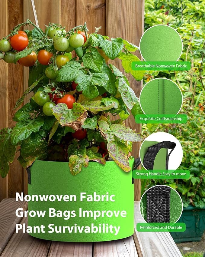 Grow Bags, Aeration Fabric Pots with Handles, Pot for Plants-5 of Pack (5 Gallon-Green)