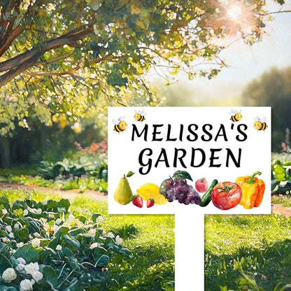 Custom Vegetable Garden Stake Yard Sign Personalized Fruits Orchard Sign Metal Outdoor Garden Name Plaque with Stake, Customized Bee Pear Lemon Grape Tomato Vegetable Signs for Mom Grandma