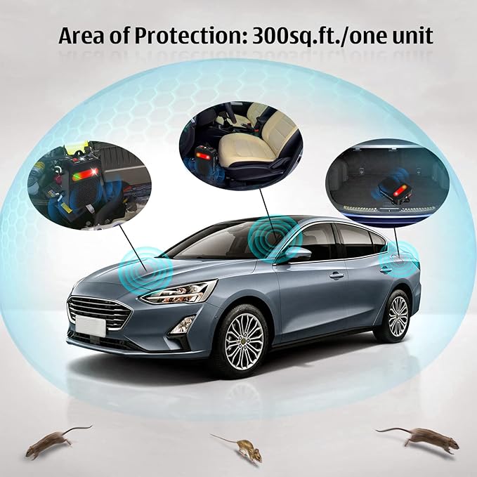 Ultrasonic Rodent Repellent Under Hood Battery Operated Pest Repeller with Strobe Lights, Humane Mouse Deterrent for Car Engines, Garage – Prevents Nesting & Wire Damage, 2 Pack