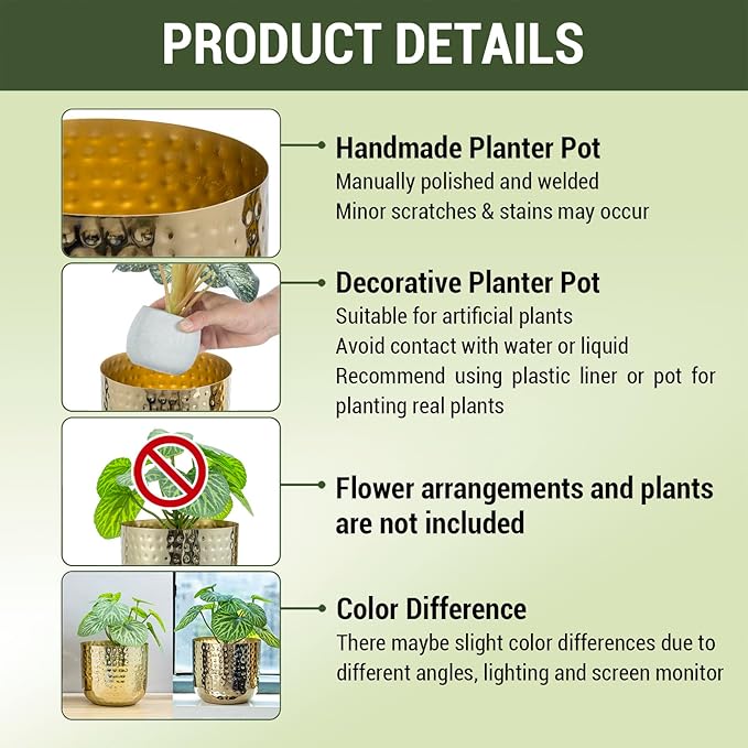 MyGift Modern Hammered Brass Plated Metal Planter Pots – Set of 2 Indoor Plant Containers, 6 & 5-Inch Cylindrical Metallic Planters – Handcrafted in India