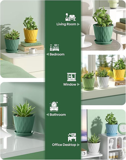 4 Inch Plant Pots with Drainage Holes, 6 Set Plastic Indoor Flower Pots, Succulent Pots for Orchids, Violets, Succulents, Herbs, and Other Small Plant, 6 Colors