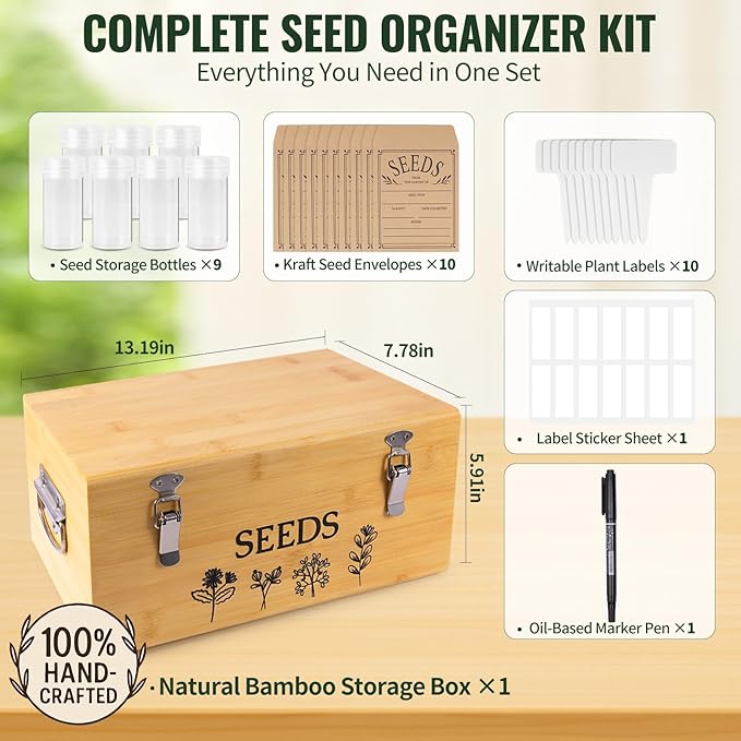 Large Bamboo Wood Seed Storage Organizer Box with Lid,Double-Layer Seal Design Seed Saving Box with 304 Stainless Steel Safety Lock,Handles,Extra Seed Envelopes and Labels (Wood)