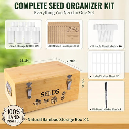 Large Bamboo Wood Seed Storage Organizer Box with Lid,Double-Layer Seal Design Seed Saving Box with 304 Stainless Steel Safety Lock,Handles,Extra Seed Envelopes and Labels (Wood)