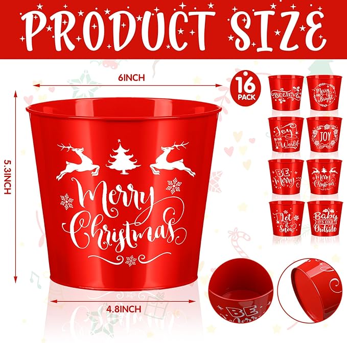 Hoolerry 16 Pcs Christmas Bucket Gardening Pots Planters Accessories Galvanized Planters Red Metal Pail 6 Inch Galvanized Flower Plant Pots Gardening Container for Gardens Patios Decorations