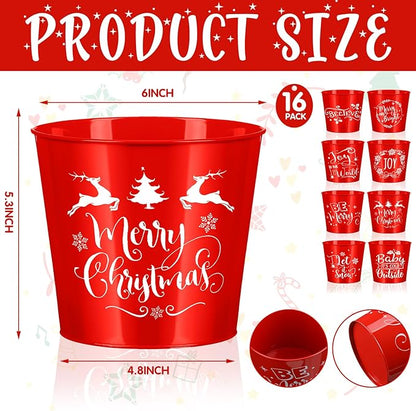 Hoolerry 16 Pcs Christmas Bucket Gardening Pots Planters Accessories Galvanized Planters Red Metal Pail 6 Inch Galvanized Flower Plant Pots Gardening Container for Gardens Patios Decorations