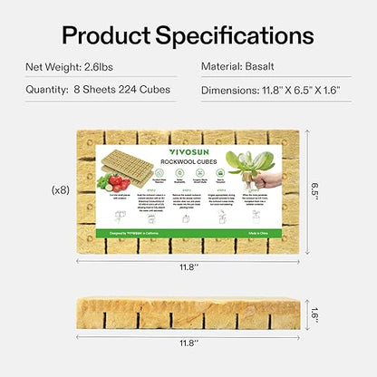 VIVOSUN 1.6 Inch Rockwool Cubes, Grow Cubes for Hydroponics, Cuttings, Cloning, Plant Propagation, Seed Startling, 8 Sheets 224 Plugs (Pack of 2)