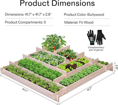 VIVOSUN 5-Tier Wooden Raised Garden Bed, 42 x 42 x 14 Inches, Outdoor Wood Planter Box with Gloves and Liner for Garden, Patio, Balcony, Backyard and Outdoors