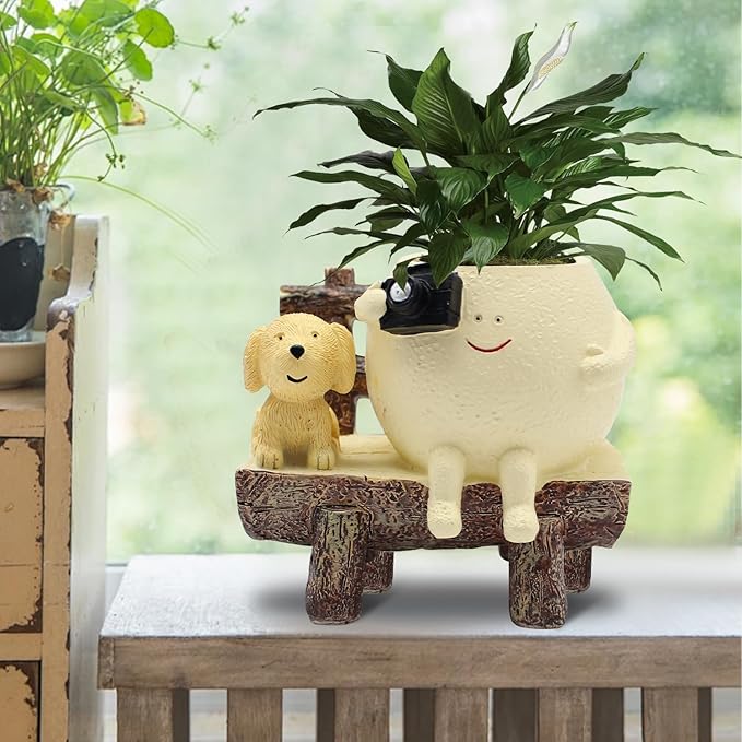 Cute Funny Resin Bench Smiley Face Plant Pot Unique Head Succulent Planter for Indoor & Outdoor Flower