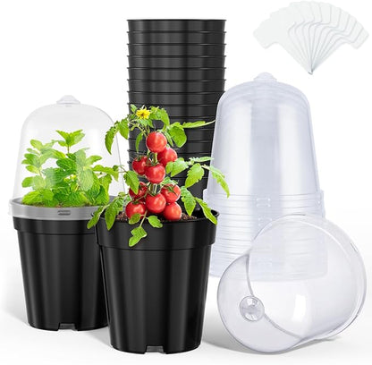 homenote Nursery Pots for Plants,5 Inch Plant Pot for Planting with Humidity Domes Plastic Seedling with Drainage Holes Seed Starter Flower with 10 Labels Black (15 Pack)