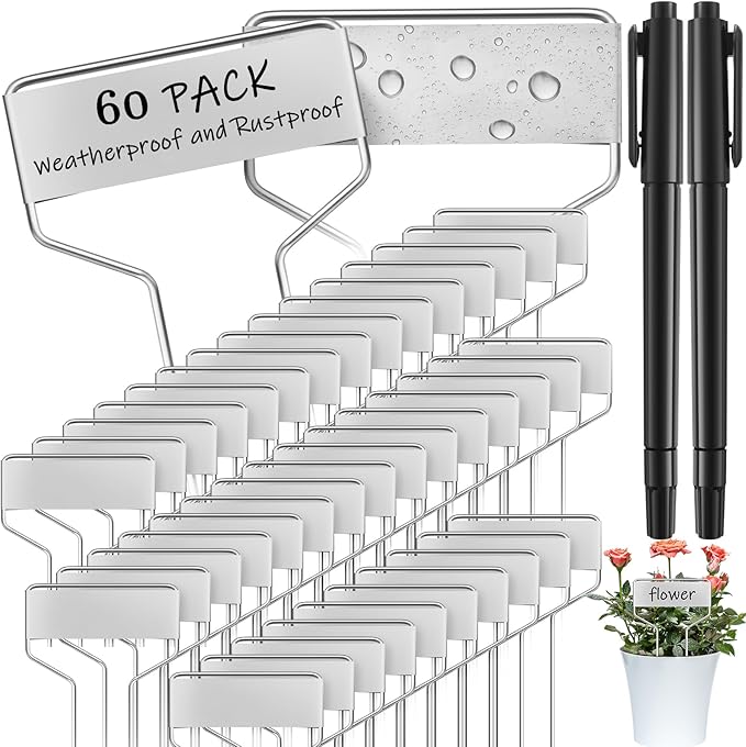 Moxweyeni 60 Pcs Metal Garden Tags Plant Labels for Garden Waterproof Plant Markers with 2 Permanent Pen Planting Nursery Tags Reusable Labels Stake for Plants (Aluminum,4 Inch)