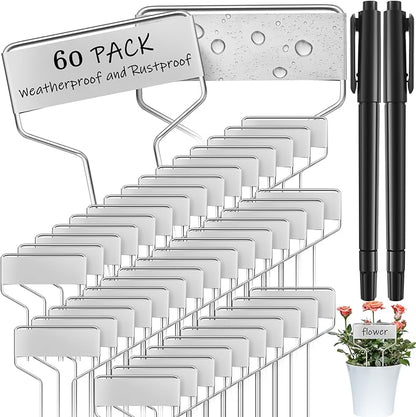 Moxweyeni 60 Pcs Metal Garden Tags Plant Labels for Garden Waterproof Plant Markers with 2 Permanent Pen Planting Nursery Tags Reusable Labels Stake for Plants (Aluminum,4 Inch)