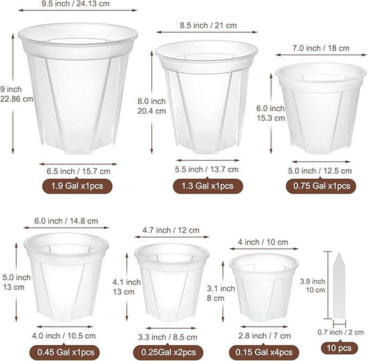 Clear Nursery Pots with Drainage, 10 Pack Transparent Plastic Orchid Planters, 6 Sizes Plant Pots 9.5/8.5/7/6/4.7/4 Inch with 10 Plant Labels for Seedlings, Succulents, Indoor/Outdoor Repotting