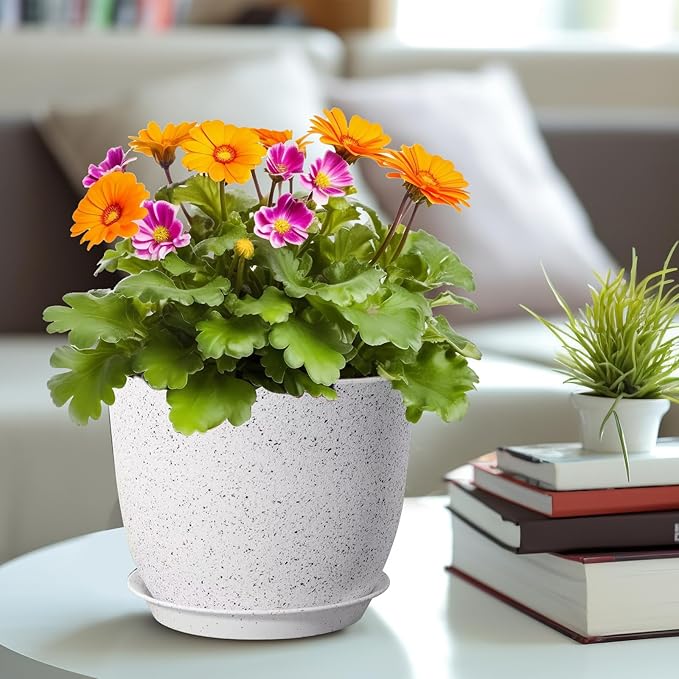 10/9/8 inch Plant Pots, 3 Pack Plastic Flower Pots Modern Flower Pots with Drainage Holes and Trays are for Indoor and Outdoor Plants, Herbs and Flowers,White Speckles