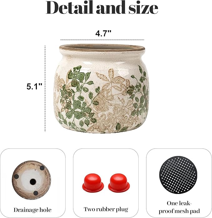 Vintage Floral Ceramic Planter, 2 Pack Flower Pot Rustic Flower Pot Container with Drainge Hole, Ice Crack Plant Pot Decorative Planter for Indoor and Outdoor Tuscan Decor Vase Gardening Gift