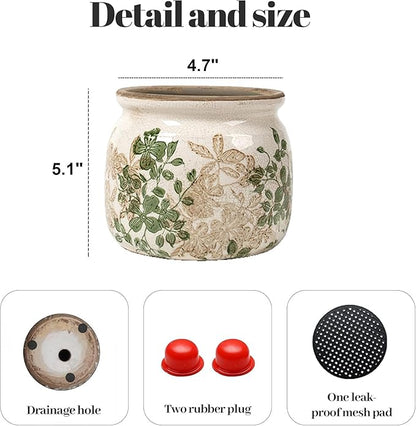 Vintage Floral Ceramic Planter, 2 Pack Flower Pot Rustic Flower Pot Container with Drainge Hole, Ice Crack Plant Pot Decorative Planter for Indoor and Outdoor Tuscan Decor Vase Gardening Gift