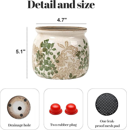 Vintage Floral Ceramic Planter, 2 Pack Flower Pot Rustic Flower Pot Container with Drainge Hole, Ice Crack Plant Pot Decorative Planter for Indoor and Outdoor Tuscan Decor Vase Gardening Gift
