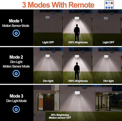 153 LED Solar Wall Lights, 180° Beam Angle Security Lights Outdoor with Remote, Motion Sensor Lights with 3 Modes, Waterproof Flood Lights for Porch, Patio,Yard,Garage, 4 Pack