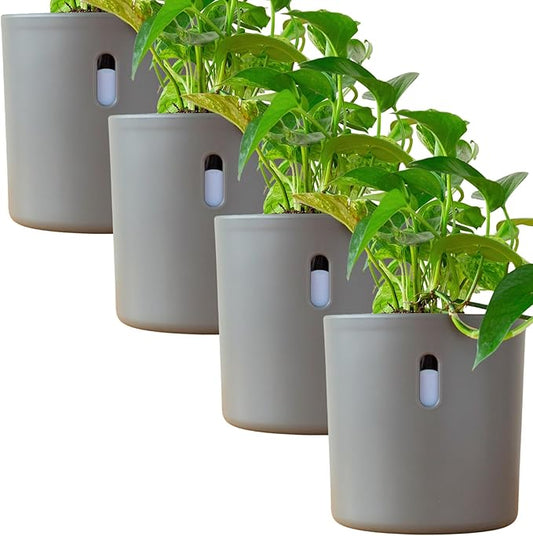 Self Watering Pot for Leca and Pon, Semi Hydroponic Planter for Indoor Plants, Clear Inner Pot & Water Level Indicator (Grey (4-Pack), 6 inch)