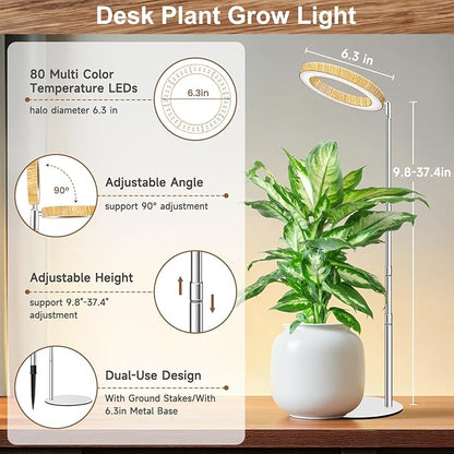 Plant Grow Light, Full Spectrum 6.3in Plant Light for Indoor Growing, Height Adjustable 9.8"-37.4" with Auto Timer 6/12/16Hrs, 3 Optional Spectrums, 5 Brightness, Wood Grain Desk Growing Lamp