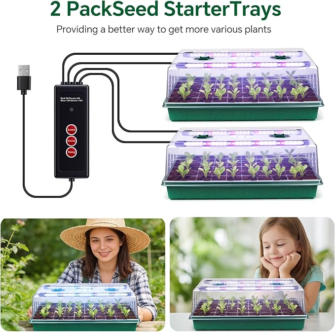 2 Pcks Seed Starter Tray 120 Cells Seed Starter Kit with Grow Light, Seed StartingTrays for Seed Seedling Planting Starter, Mini Greenhouse Plant Germination Trays