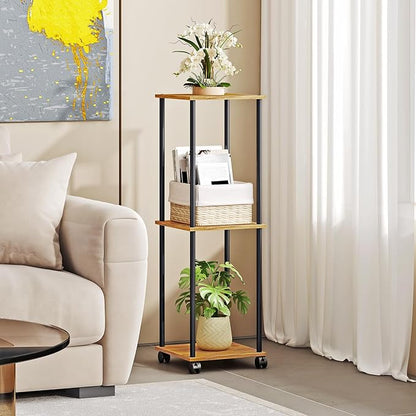 3 Tier Tall Plant Stand Indoor with Wheels, Movable Plant Shelf Metal Wood Multiple, Flower Pot Holder for Living Room Office Balcony Patio, Rustic Brown