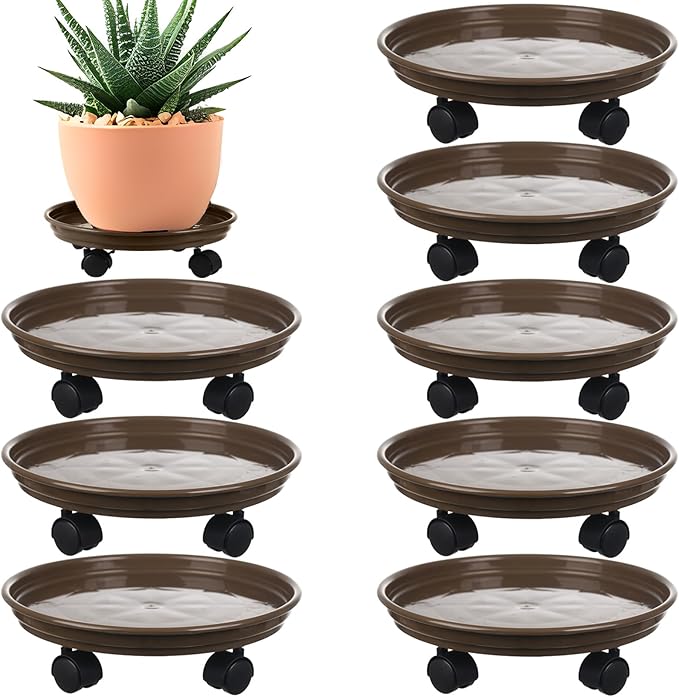 8 Packs Plant Caddy With Wheels 12" Plastic Rolling Stands Heavy-Duty Dolly With Casters Indoor and Outdoor Roller Base Large Heavy Pot Saucers Plant Mover, Brown