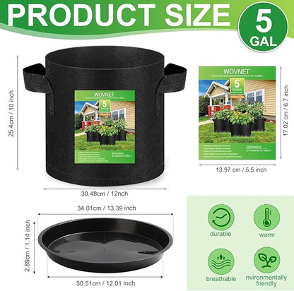 5 Pack 5 Gallon Grow Bags with 5 Plant Saucer and 5 Labels 260g Thickened Nonwoven Fabric Plant Pots with Handles, Garden Grow Bags for Vegetables, Aeration Pots