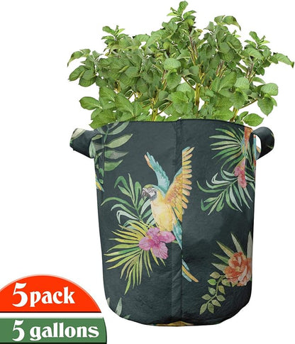 Lunarable Tropical Animals Grow Bags 5-Pack, Parrots and Flower, Heavyduty Fabric Pots with Handles for Plants, Green Yellow