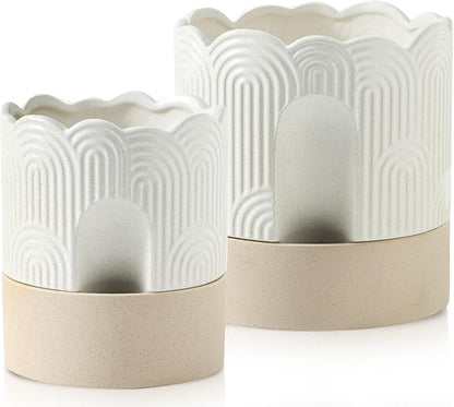 Nihow Self Watering Plant Pot for Indoor Plants : 6 Inch & 8 Inch Ceramic Planter with Drainage Hole & Water Storage - Relief Design Beige & Nature Flower Pot -Set of 2