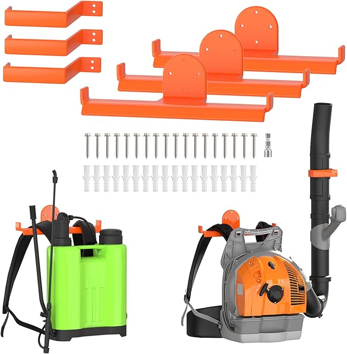 3 Pack Backpack Blower Rack, Heavy Duty Anti-Scratch Leaf Blower Hanger with Hose Holder, Backpack Sprayer Wall Mount for Garage, Warehouse & Outdoor Tool Storage