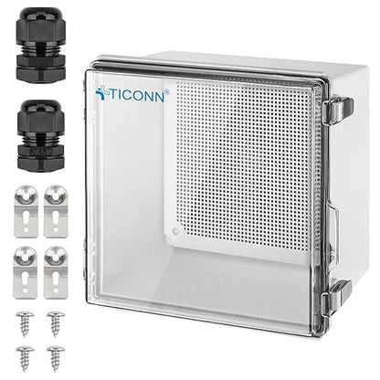 TICONN Outdoor Electrical Box Waterproof, Junction Box IP67 ABS Plastic Enclosure with Hinged Cover with Mounting Plate, Wall Brackets, Cable Glands (Clear, 11.8"x11.8"x7.1")
