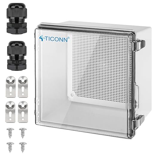 TICONN Outdoor Electrical Box Waterproof, Junction Box IP67 ABS Plastic Enclosure with Hinged Cover with Mounting Plate, Wall Brackets, Cable Glands (Clear, 11.8"x11.8"x7.1")
