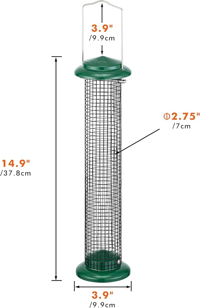 iBorn Metal Peanut Bird Feeder for Outdoors - 14" Peanut & Sunflower Seed Feeder, Hanging Metal Mesh Mixed Seed Bird Feeder with Easy-Clean Design for Woodpeckers, Jays, Titmice,Green
