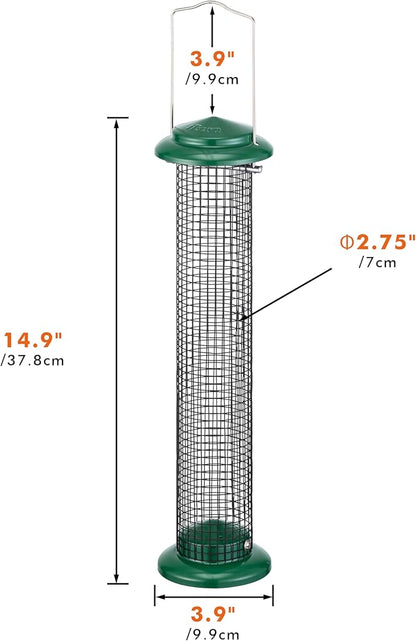 iBorn Metal Peanut Bird Feeder for Outdoors - 14" Peanut & Sunflower Seed Feeder, Hanging Metal Mesh Mixed Seed Bird Feeder with Easy-Clean Design for Woodpeckers, Jays, Titmice,Green