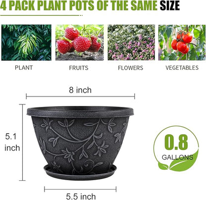 4 Pack 8 Inch Flower Pots for Outdoor Indoor, Plastic Plant Pots with Drainage Hole & Saucer, Lightweight Small Resin Flower Pot, Imitation Magnolia Pots for Garden House planters（Gray）