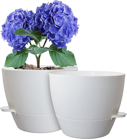 8 inch Self Watering Pots, Planter, Plant Pots with Mesh Drainage Holes for Indoor Outdoor House Plants and Garden, 2 Pack Plastic Flower Pots with Deep Reservoir for Patio Porch, White