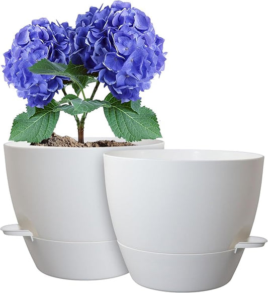 8 inch Self Watering Pots, Planter, Plant Pots with Mesh Drainage Holes for Indoor Outdoor House Plants and Garden, 2 Pack Plastic Flower Pots with Deep Reservoir for Patio Porch, White