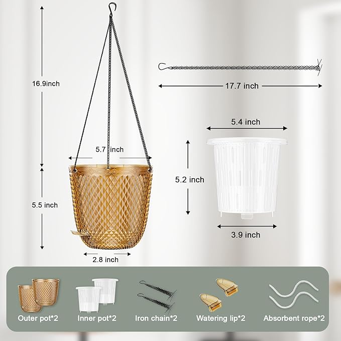 QCQHDU Self Watering Hanging Pots, 2 Pack 5.7 Inch Hanging Planters for Plants Indoor, Outdoor Flower Pots with Drainage Holes and 3 Hooks Chains for Garden Home (Gold)