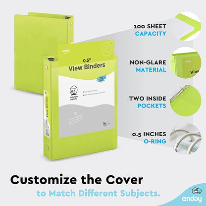 ½ Inch 3 Ring Binder .5 inch Green Clear View Cover with 2 Inside Pockets, Colored School Supplies Office and Home Binders – by Enday