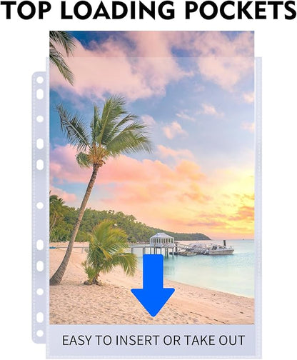 100 Pack 8x10 Photo Sleeves for 3 Ring Binder - Holds 200 Photos, Archival Safe, Acid-Free, Clear Plastic Page Protectors for Photo Albums, Postcards, Pictures