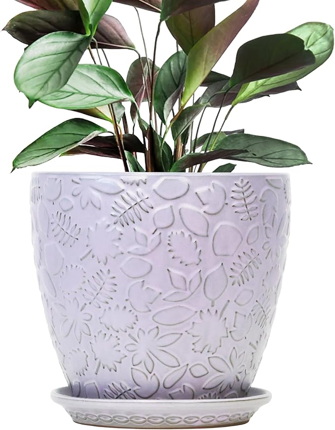 10inch Retro Ceramic Planter with Drainage Hole and Saucer for Multiple Plants, Indoor-Outdoor Garden Pots for Succulent, Orchid, and Flower (Fits Inner Pots Up to 9 Inch, Retro Purple)