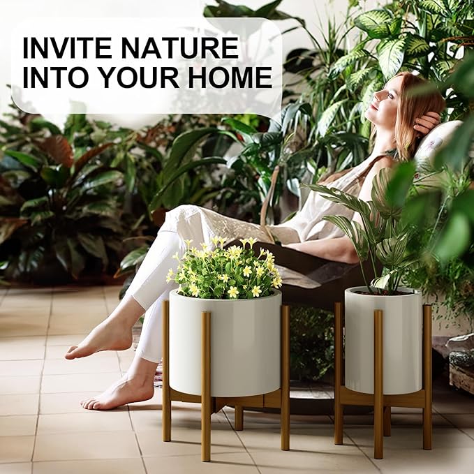 MUDEELA Plant Stand for Indoor Plants: Adjustable Width Fits 8-12 Inch Pots - Mid Century Modern Bamboo Plant Stand - 14.5 Inch Single Tier Small Floor Plant Holder, Light Brown, 1 Pack (Without Pot)