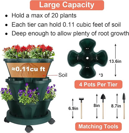 GameXcel Vertical Planter 3 Tier Stackable Planters Garden Planters Strawberry Herb Flower and Vegetable Planter Indoor Outdoor Gardening Pots with Removable Wheels and Tools