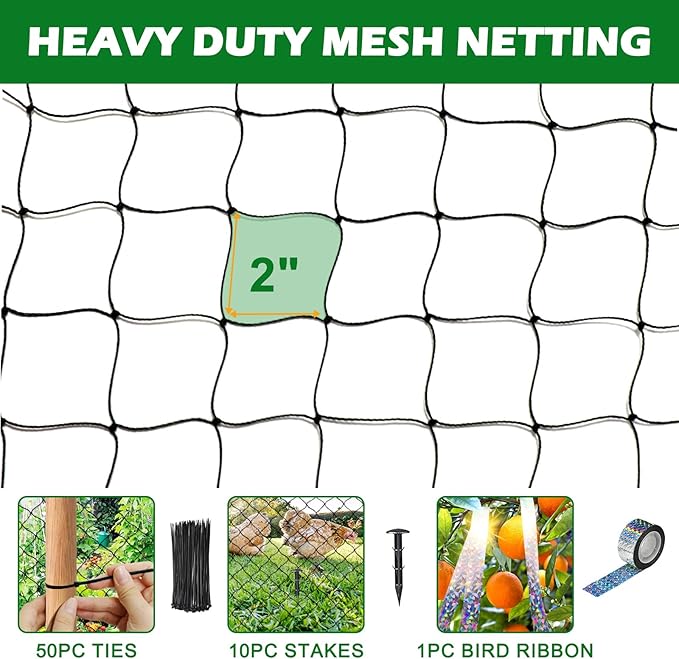 Bird Netting 25'x50' with 2" Mesh Garden Net with Bird Scare Tape, Avian Nettings for Chicken Coop Roof, Heavy Duty Nylon Nettings for Garden, Chicken Coop Netting Fruit Tree Net
