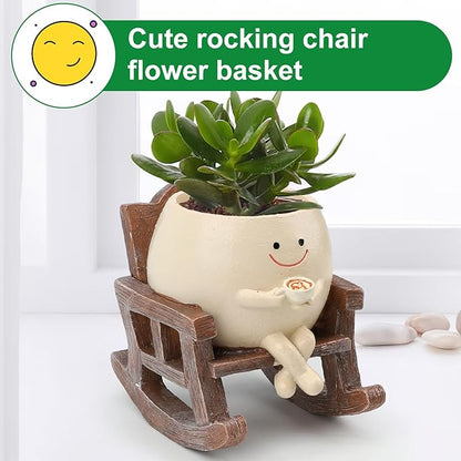Smily Face Planter Pots for Indoor Plants, Cute Resin Flower Head Planters, Rocking Chair Succulent Flower Pots with Drainage Hole, Gift IdeaI for Birthday