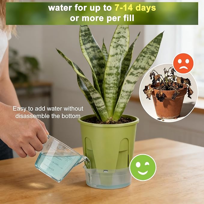 Plant Pots 6 inch Set of 5, Self Watering Pots for Indoor Outdoor, Upgraded Water Inlet Self Watering Planters Flower Pots with Drainage Hole and Clear Saucer Reservoir (Green)