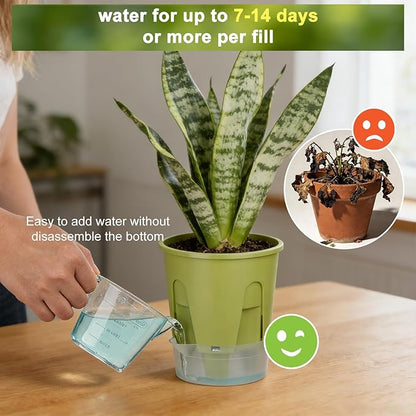 Plant Pots 6 inch Set of 5, Self Watering Pots for Indoor Outdoor, Upgraded Water Inlet Self Watering Planters Flower Pots with Drainage Hole and Clear Saucer Reservoir (Green)